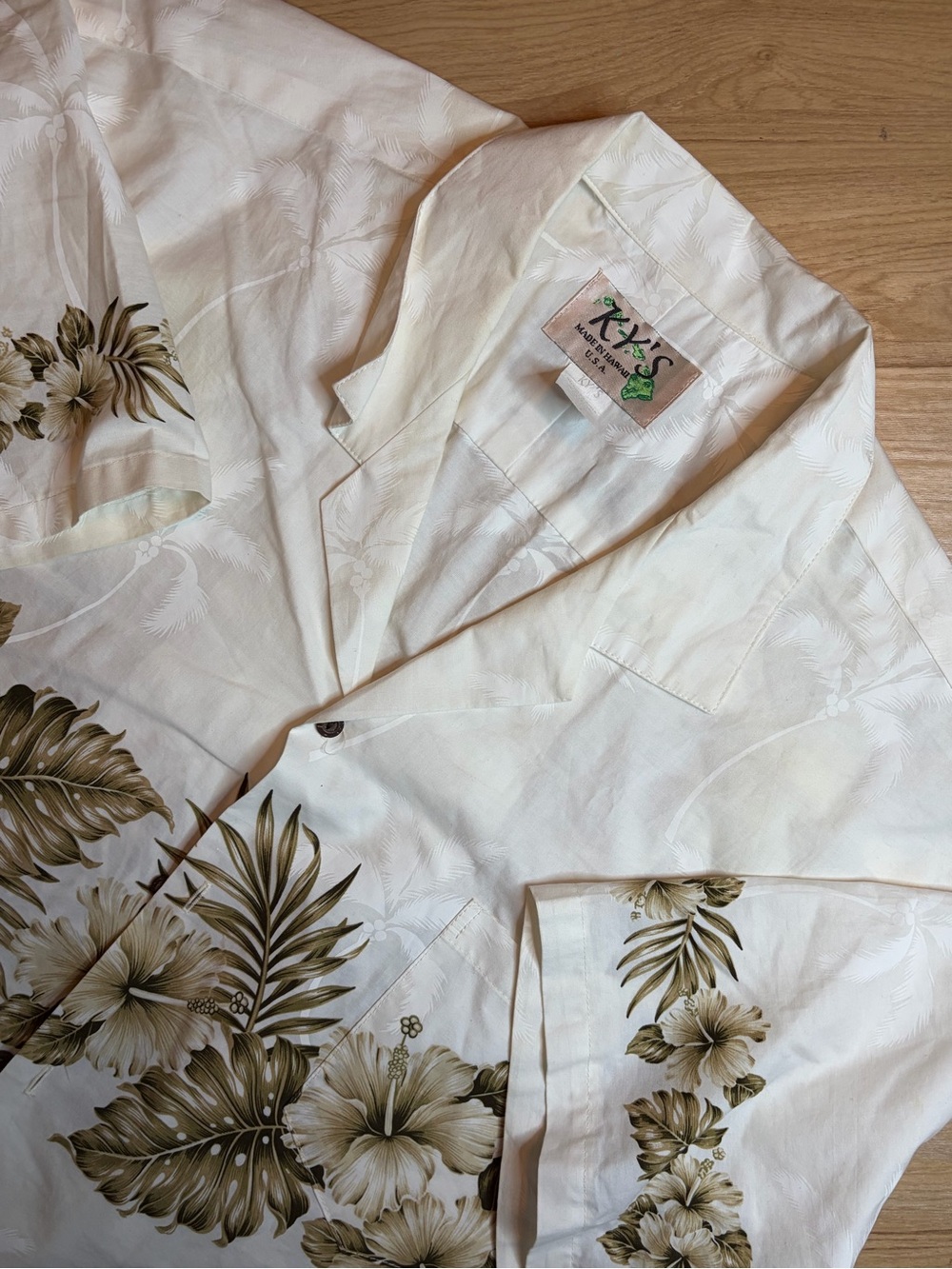 KY'S White & Beige Mens Floral Hawaiian Shirt 3XL Made in Hawaii 100% Cotton